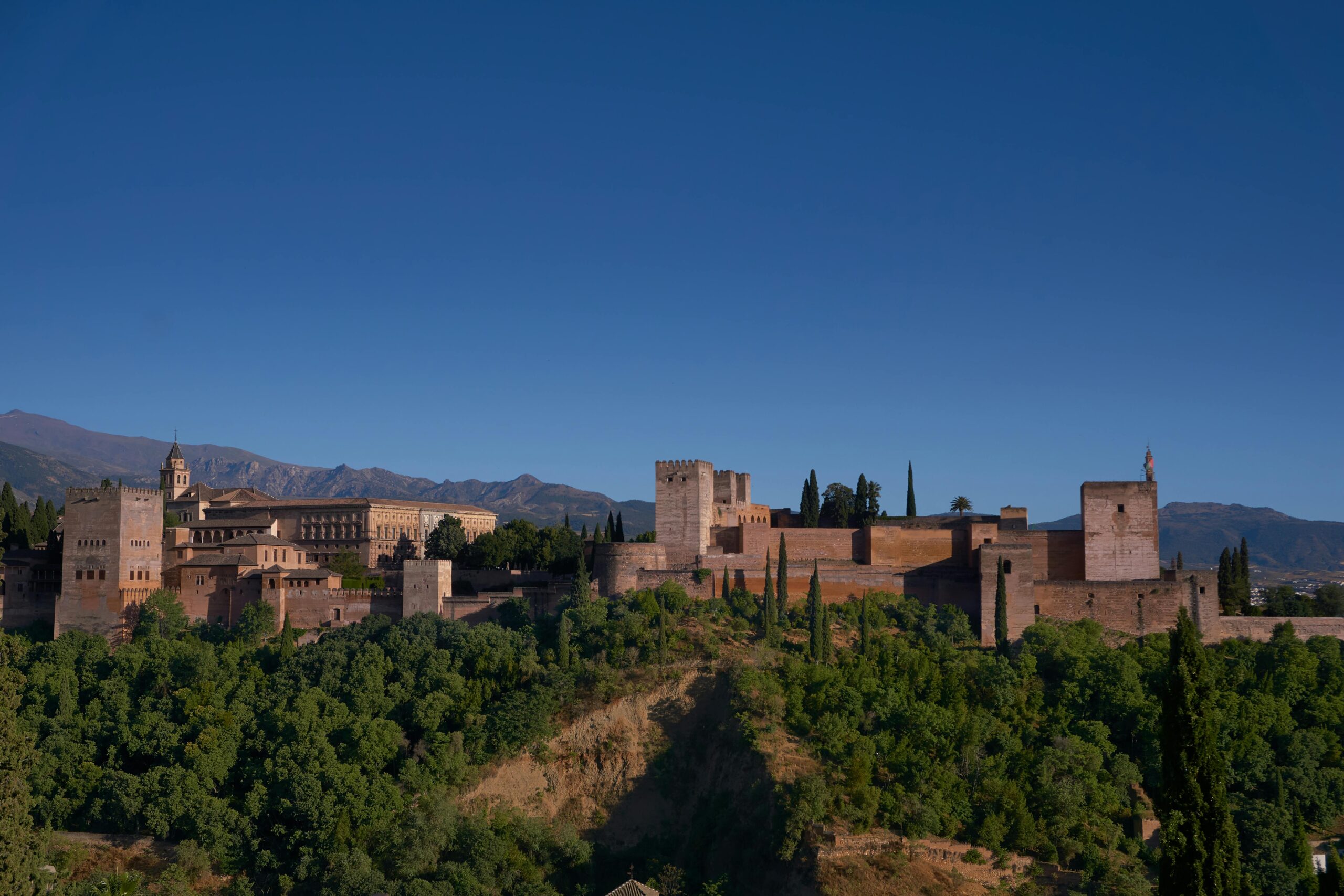 Scenic view of Alhambra Palace, Granada, framed by lush greenery and mountains.